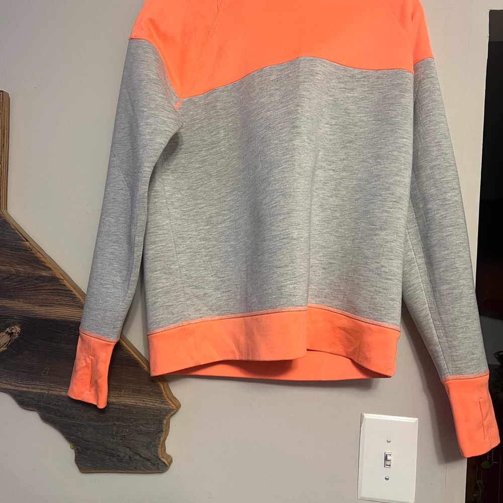 Athleta Gray and Neon Coral Colorblock Crew Sweatshirt